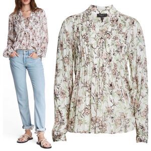 Rag & Bone Sachi White Pink Green Floral Pleated Lace-Up Blouse XS $325
